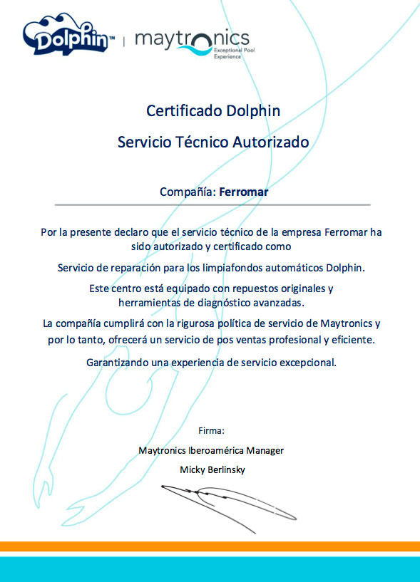 Certificado Servicio Técnico Oficial Dolphin Maytronics